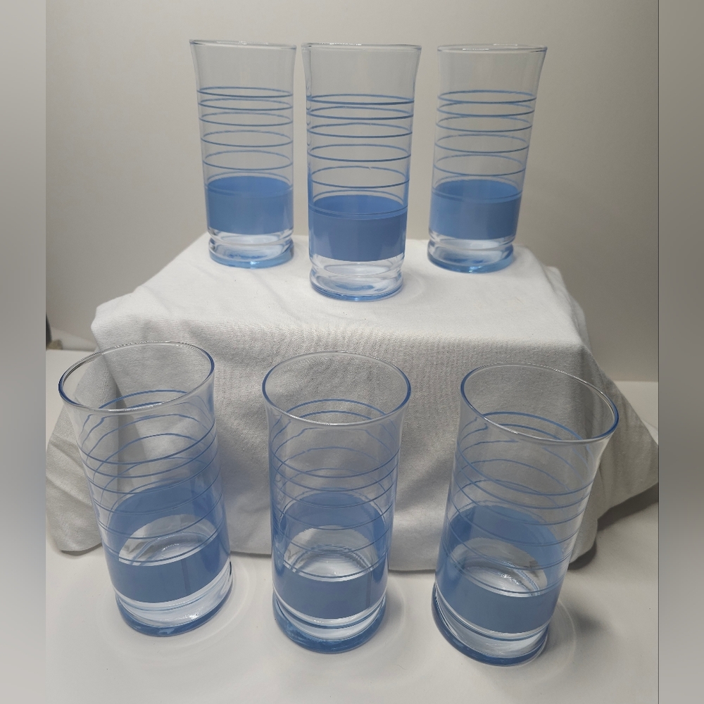 Vintage Libbey Blue Stripe Glass 12 oz set of 6